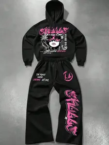 Unisex La Print Two-Piece Hoodie Set, Oversized Hooded Sweatshirt & Wide Leg Pants, Soft Fleece Fabric, Street Style Casual Wear