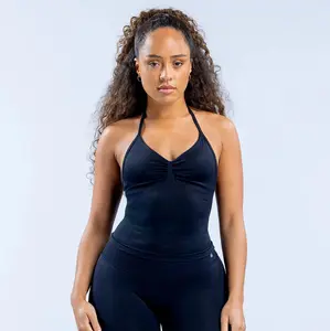 (With Logo) DFYNE Women's 2 Piece Seamless Halter Workout  - Ruched Front Tank Top & High Waist Yoga Leggings Activewear Quick-Dry Compression Fitness Set