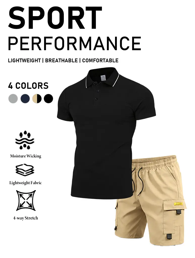 Men’s high-performance moisture-wicking set, quick-dry golf shirt and athletic shorts with pockets, Polyester Clothing, Golfing