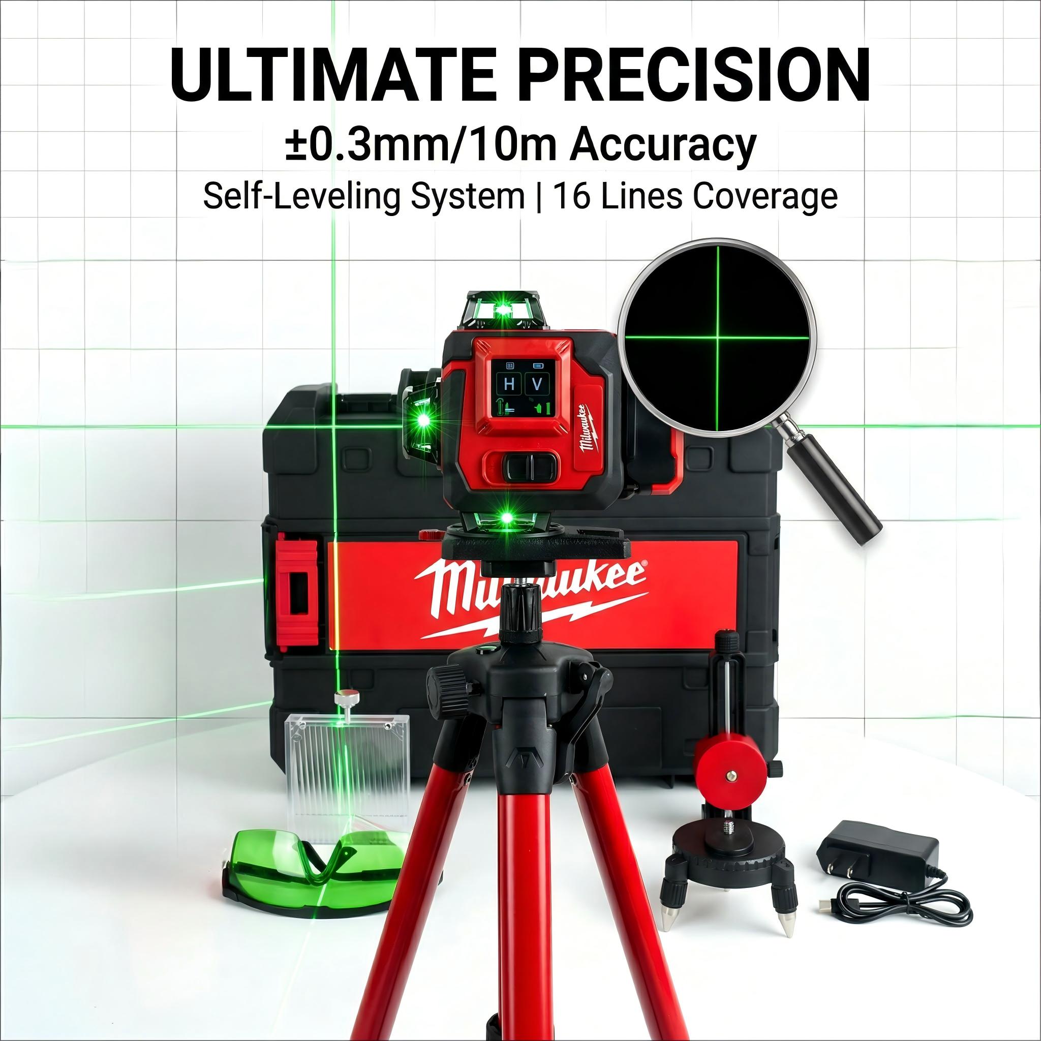 Milwaukee 16 Line Laser Level Kit With Battery Charger For Construction Surveying Precision  green beam horizontal durable tool