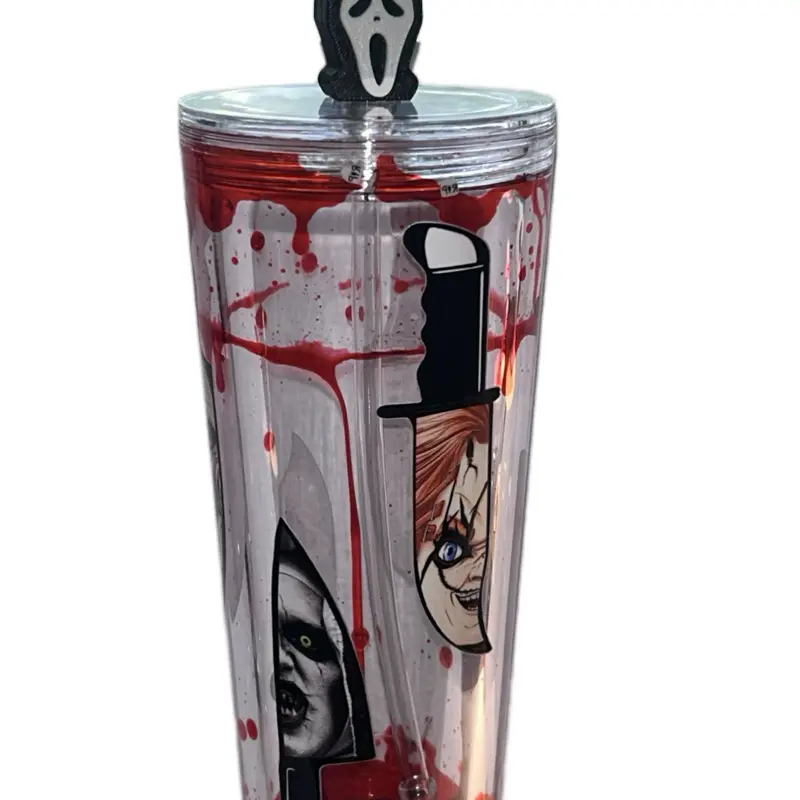 Horror Theme Acrylic Cup 24oz Handmade Blood Drip Effect Snowglobe Tumbler with Iconic Character Design