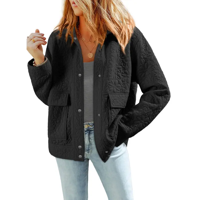 Dokotoo Jackets for Women Casual Long Sleeve Collared Jacquard Coats Trendy Button Down Shacket Jacket with Pockets