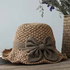 Multifunctional retro woven handmade straw hat with ruffle edge bow, foldable, suitable for travel beach vacation daily protective wide-brimmed hat