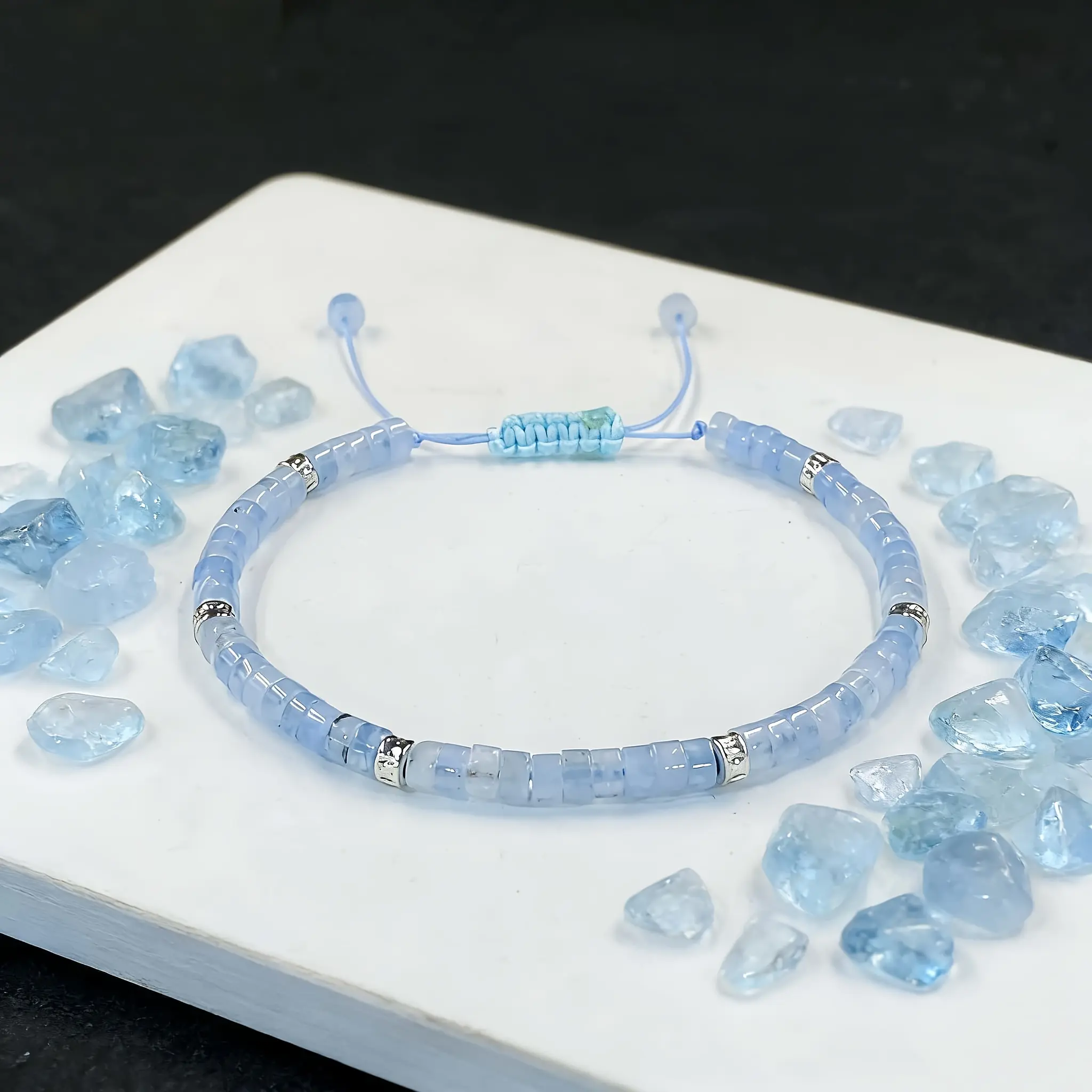 Natural Aquamarine 2x4 Hand-Woven Bracelet - Emotional Stability Accessory, Versatile Daily Wear, Ideal Gift for Loved Ones/Mothers, Ocean-Color Self-Love Jewelry