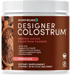 Designer Wellness, Pure Bovine Colostrum Superfood Powder, Gut Health & Bloating, Immune Support, Skin & Hair, Gluten & Fat-Free, Chocolate, 30 Servings