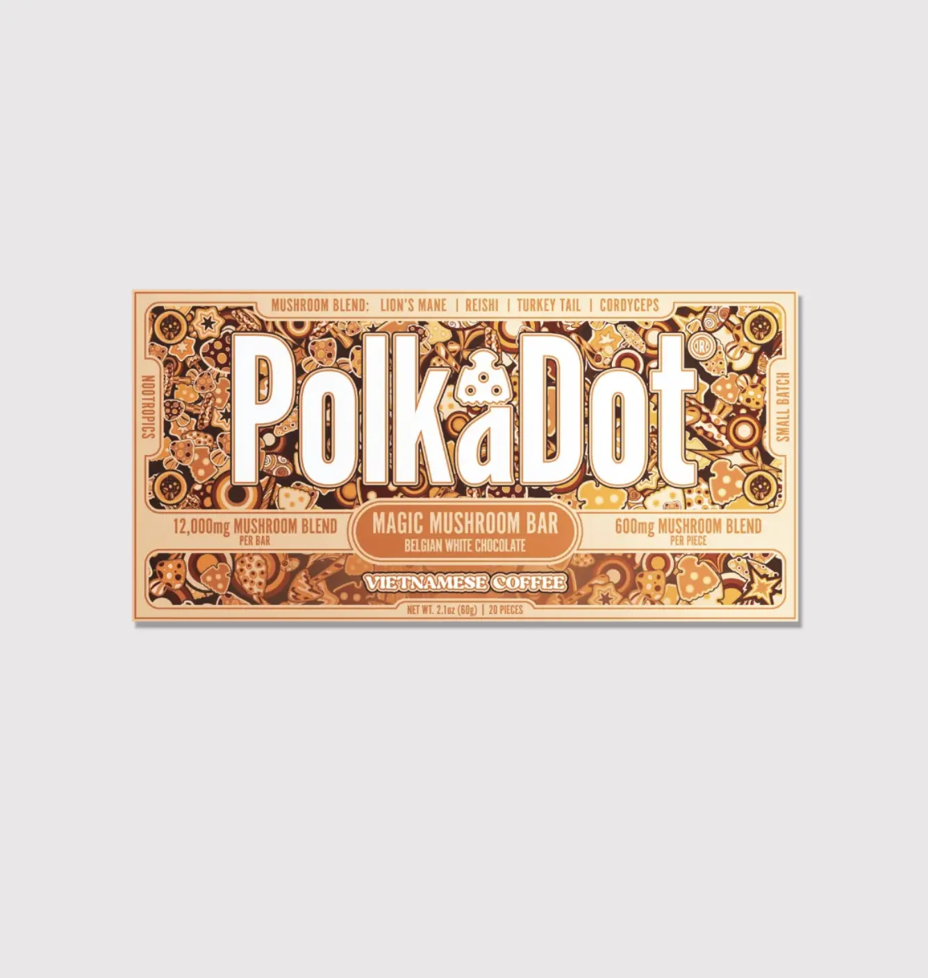 Polkadot Belgian Chocolate, 20 Count, High Potency Plant-based Mushroom Snack, Vietnamese Coffee, 100% Organic, High-Quality Ingredients, Made in USA, All Natural, Healthy Chocolate, 20 Piece Chocolate Bar