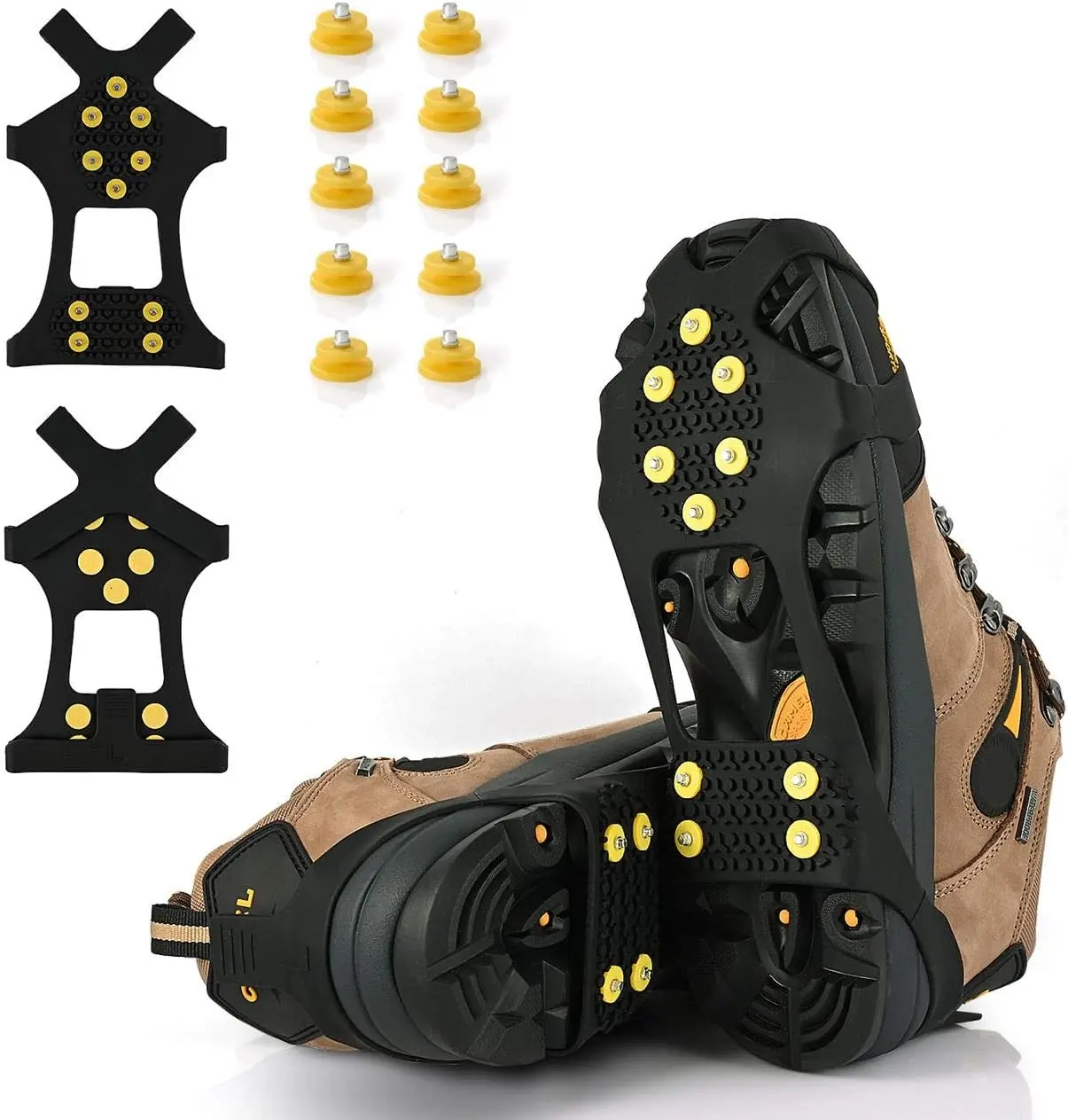 Small Hiking Ice Cleats - Non-Slip Over Boot Fits Rubber Spikes with 10 Steel Studs, Enhancing Grip, Includes Extras 10 Replacement Studs, Ice Grips, Traction Cleats, Stability, Outdoor Sports, Non-Slip Design