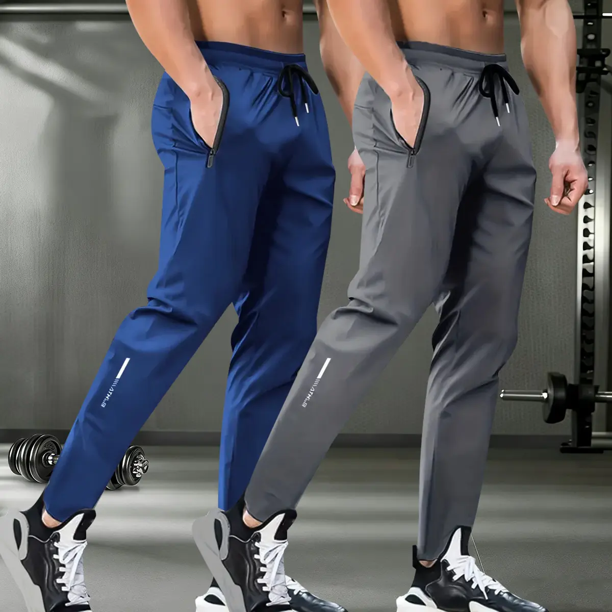 Men's Pants, Slim Straight-Leg Solid Stretch Cooling Trousers with Zipper Pockets for Casual & Gym Wear, Mensfashion, Zippered Pockets, Fitted, Synthetics, M