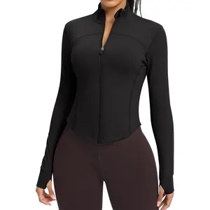 Women BBL Jacket Full Zip UP Workout Athletic Cropped Jacket wIth Thumb Holes Running Yoga Sportswear