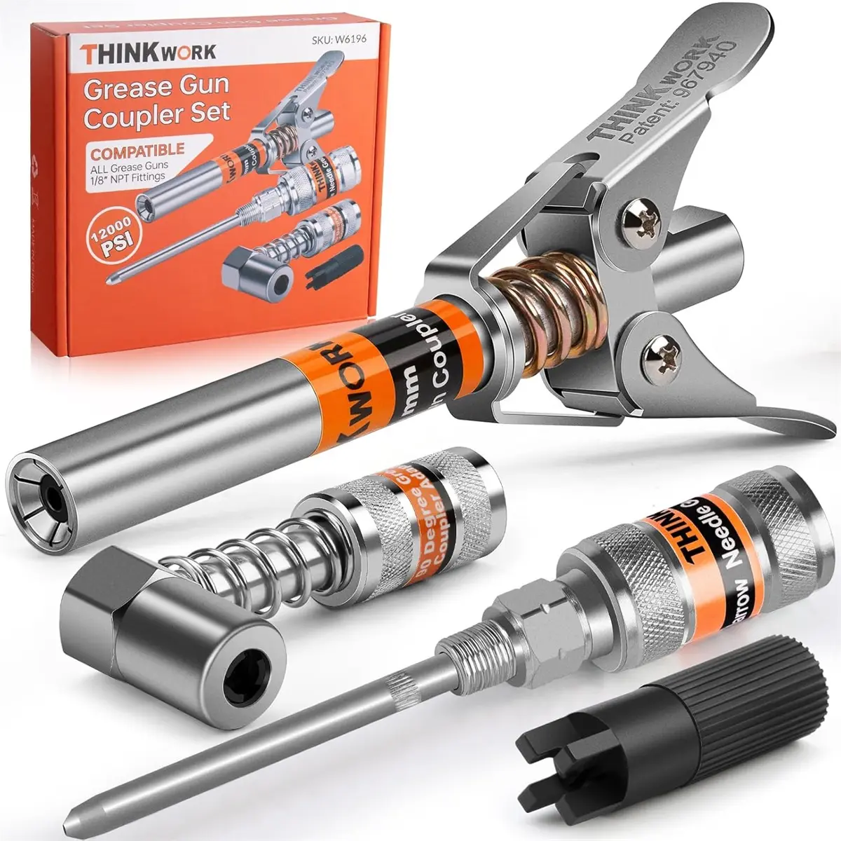 THINKWORK Grease Machine Coupler Set, Double Handle Extra Reach Strong Lock on Greases Couplers, 12000 PSI Compatible with All Grease 1/8" NPT Grease Fitting