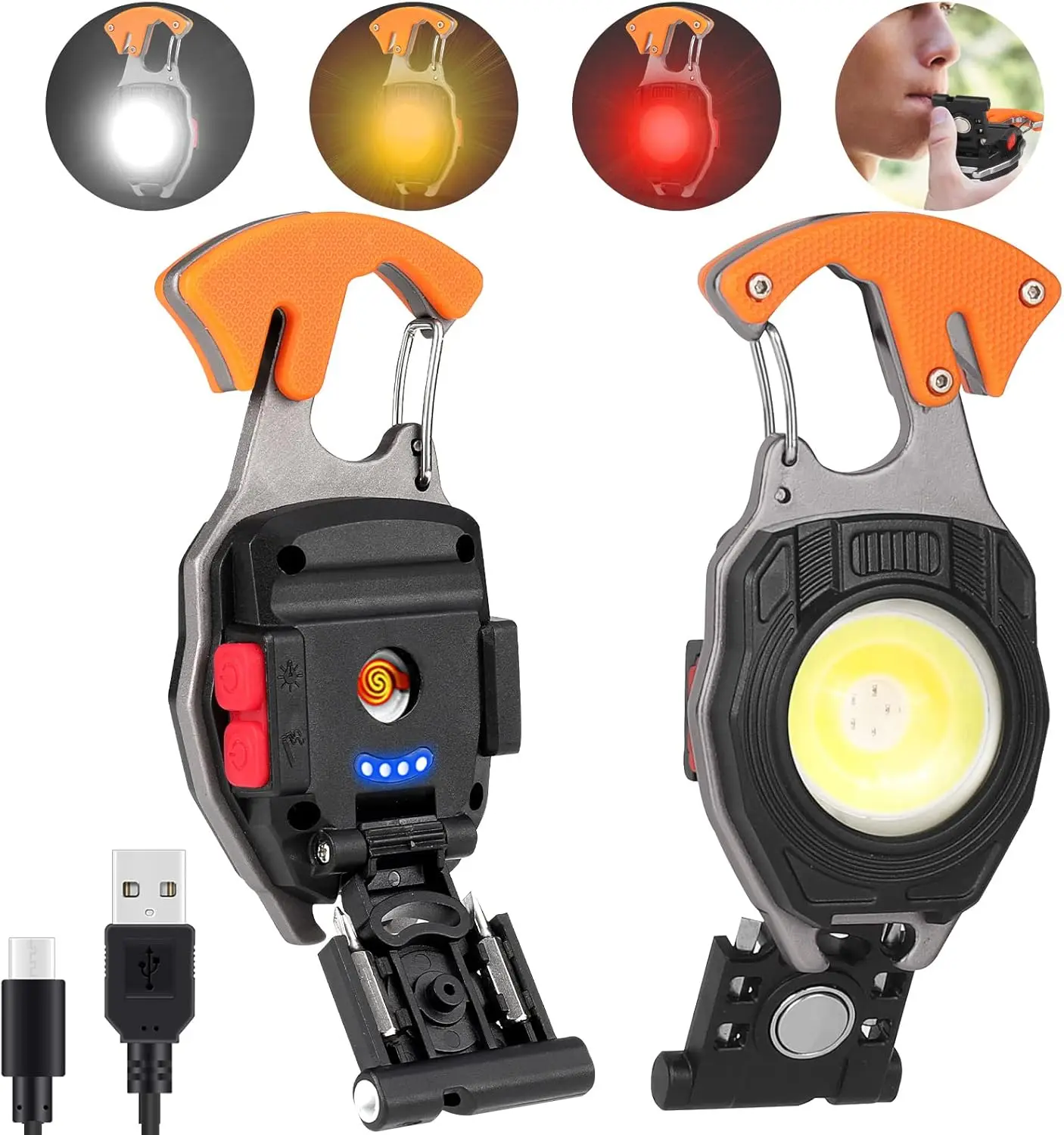 Compact Multi-Tool Keychain - Portable 350 Lumen Rechargeable LED Light with Bottle Opener, Lighter, and Whistle for Camping & Emergencies, Rechargeable Light