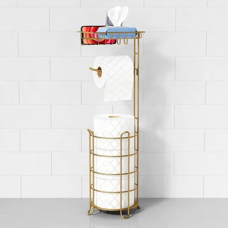 Gold Free Standing Toilet Paper Holder Stand with Phone Shelf, Floor Bathroom Tissue Holder for Large Mega Rolls, Metal Freestanding Toilet Paper Roll Holder with Wipes Stor Tray