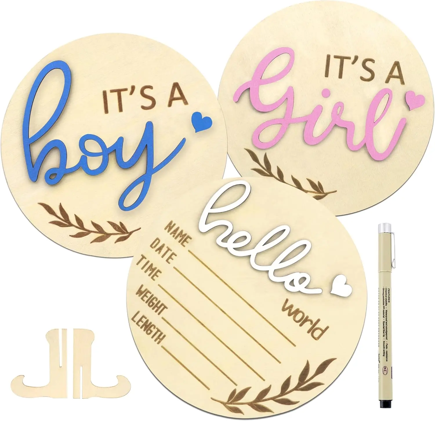 Modern Wooden Infant Birth Announcement Welcome Sign Set - 3-Count (It's a Boy/Girl, Hello World, Name Plaque) with Marker Pen, Synthetic Home Decor Plaque for Baby Shower Photo Props, Smooth, Customizable