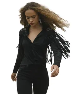 Idyllwind Women's Women'S Mckinney Faux Suede Long Sleeve Fringe Top - Iwsp25k93-Blk