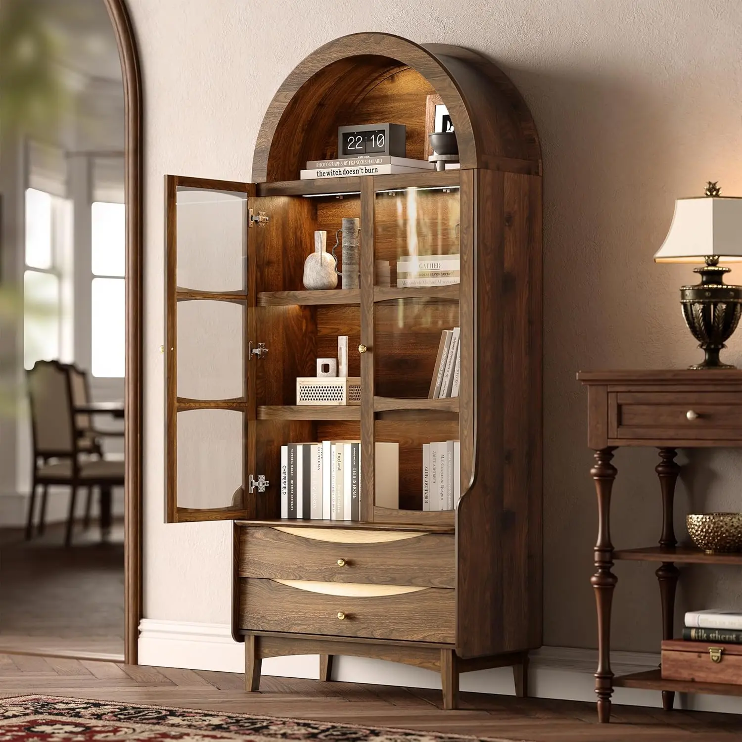 STO'SENSE 74" Tall Arched Bookshelf with LED Lights,4-Tier Modern Farmhouse Arched Bookcase with Glass Doors and Shelves,Wooden Display Cabinet with 2 Drawers for Living Room, Dining Room (Walnut)