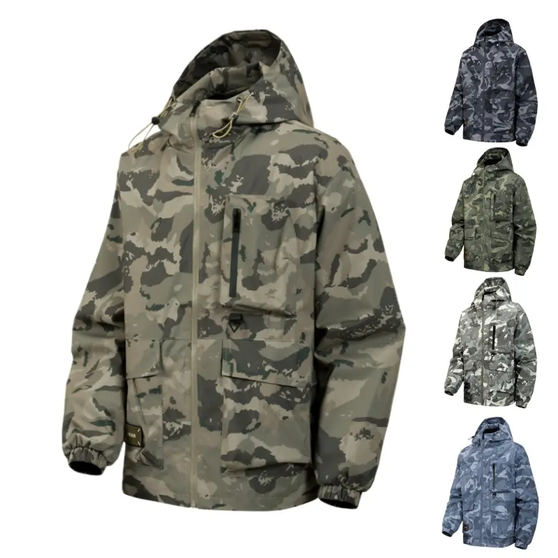 Men's Camo Hooded Jacket, Multi-Pocket Full-Zip Outdoor Utility Coat, Camouflage Jacket for Hiking, Camping, Travel & Casual Everyday Wear Menswear Tops
