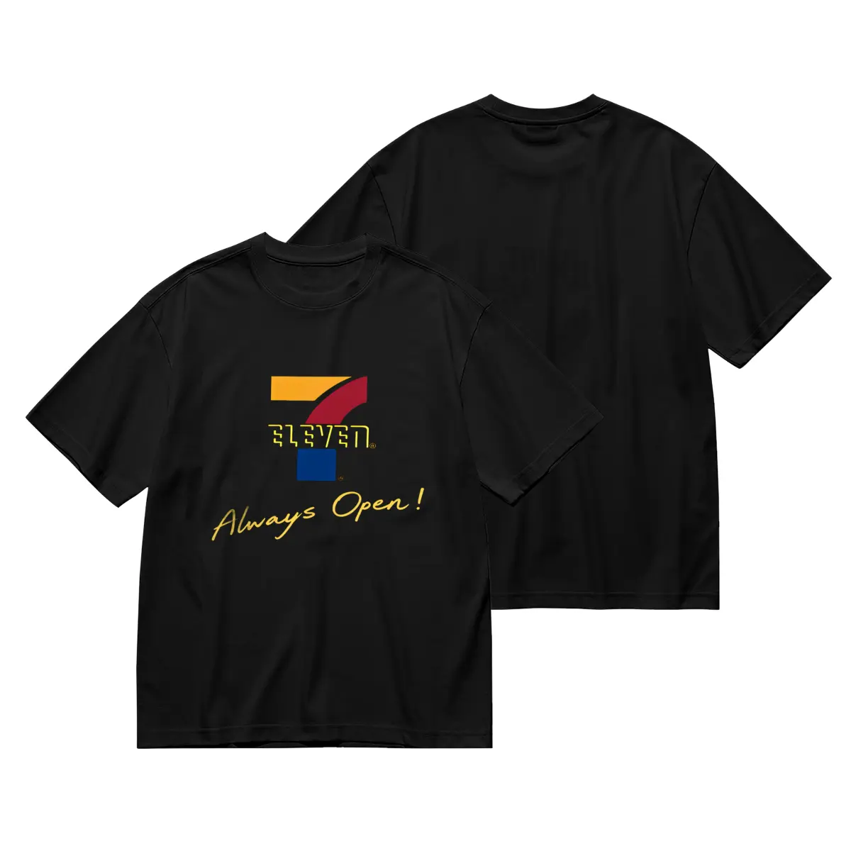 Men's 7-Eleven Vintage Graphic T-Shirt, Retro 24-Hour Store Slogan Print Heavyweight 100% Cotton Black Tee with Yellow-Red Logo, Non-Sheer Easy-Wash Everyday Summer Casual Wear