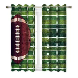 2-Piece American Football Themed Curtains - Football Field Design with Marked Lines and Faux Leather Ball Pattern, Lightweight 100% Polyester Semi-Transparent Privacy, Machine Washable with Ring Top, Suitable for Bedroom Decoration, Sports Fan Room, Footb