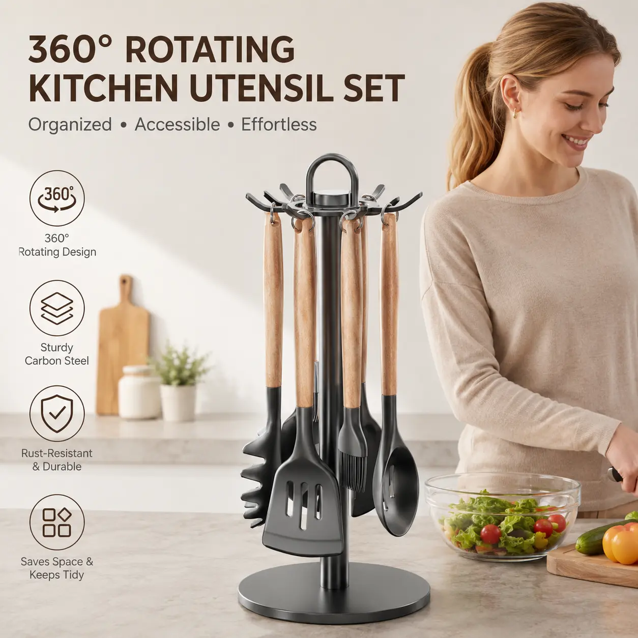 Carbon Steel 360° Rotating Kitchen Utensil Holder Organiser - 1 Count, Smooth Non-slip Round Base Countertop Storage Rack with Silicone Fitting Hanger for Kitchen Tools, Kitchen Tool
