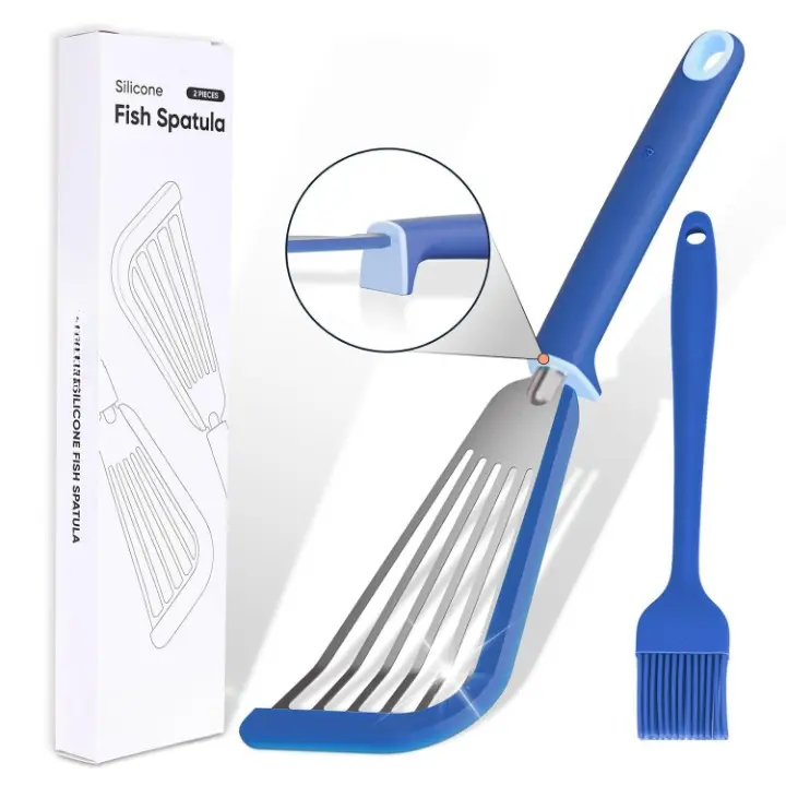Fish Spatula,600 Heat Resistant Silicone Fish Spatula With Basting Brush,For Nonstick Cookware,Flexible Slotted Fish Turner Spatula,Bpa Free,Dishwasher Safe(Blue)