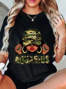 100% Cotton Unisex Aquarius Queen Black Woman With Cap Camo Afro Girl Zodiac T-Shirt