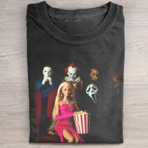 Retro Barbiecore in Cinema T-Shirt, Dark Horror Movie Funny Shirt, Doll Ghostface Graphic Tee, Unisex Cotton Blend