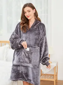 REDESS Women's Fleece Blanket Hoodie Robe with Large Pocket Cozy Casual Homewear Pajama Long Sleeve Winter Loungewear Minimalist Basic Nightwear for Women Womenswear