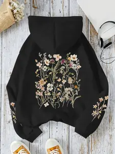 Women's Drawstring Pocket Hoodie, Floral Print, Comfortable & Stylish, Fall Winter Warm Casual Sweatshirt, Loose Fit