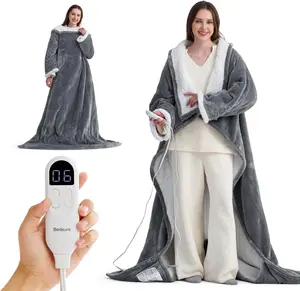 Bedsure Wearable Heated Blanket with Foot Pocket - Electric Snuggle Blanket for Adult with Sleeves, Winter Gifts for Mom Women Girlfriend, Warm Sherpa Heating Throw, Auto Shut Off, 50 x 71+18", Pink