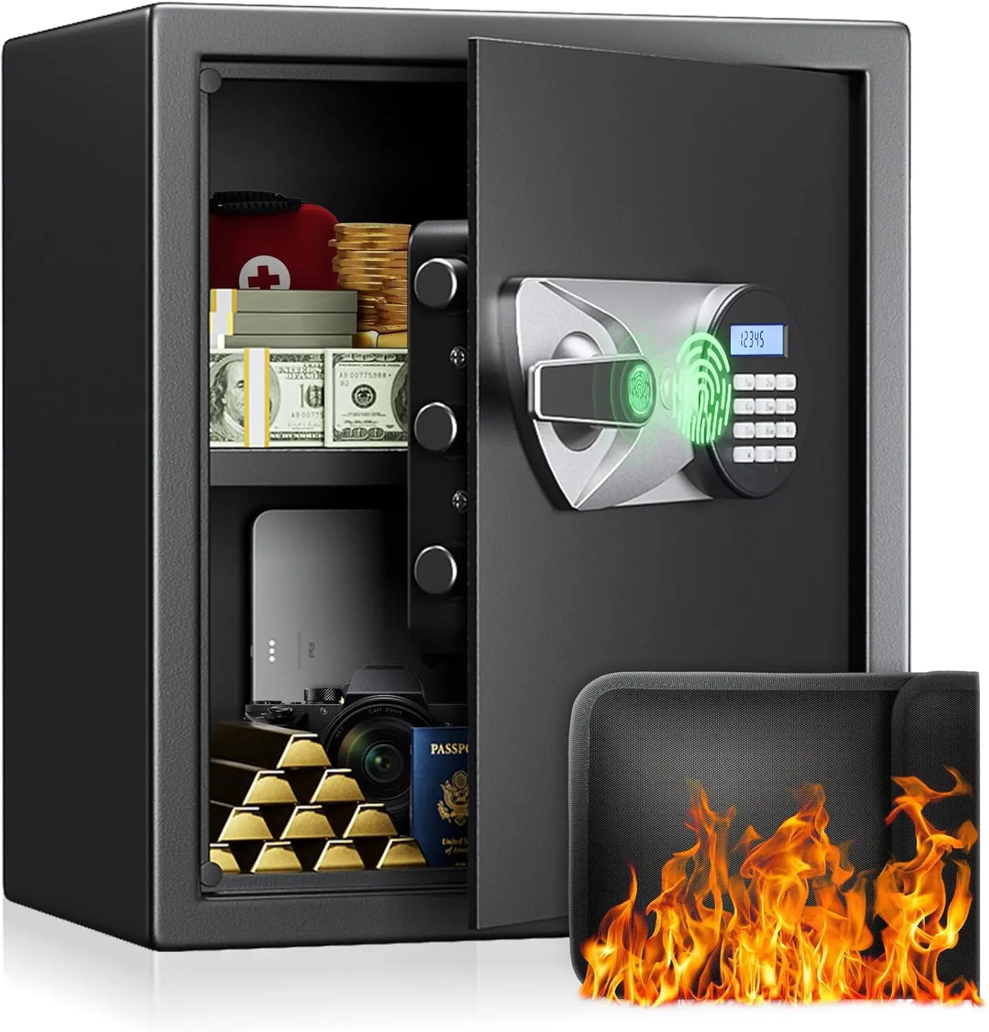BlackSmith Smart Biometric Steel Security Safe Box, 1.5 Cub, Fingerprint Recognition, Keypad Lock, Dual Alarm System, Fireproof for Securing Jewelry & Valuables, Smart Biometric Safe