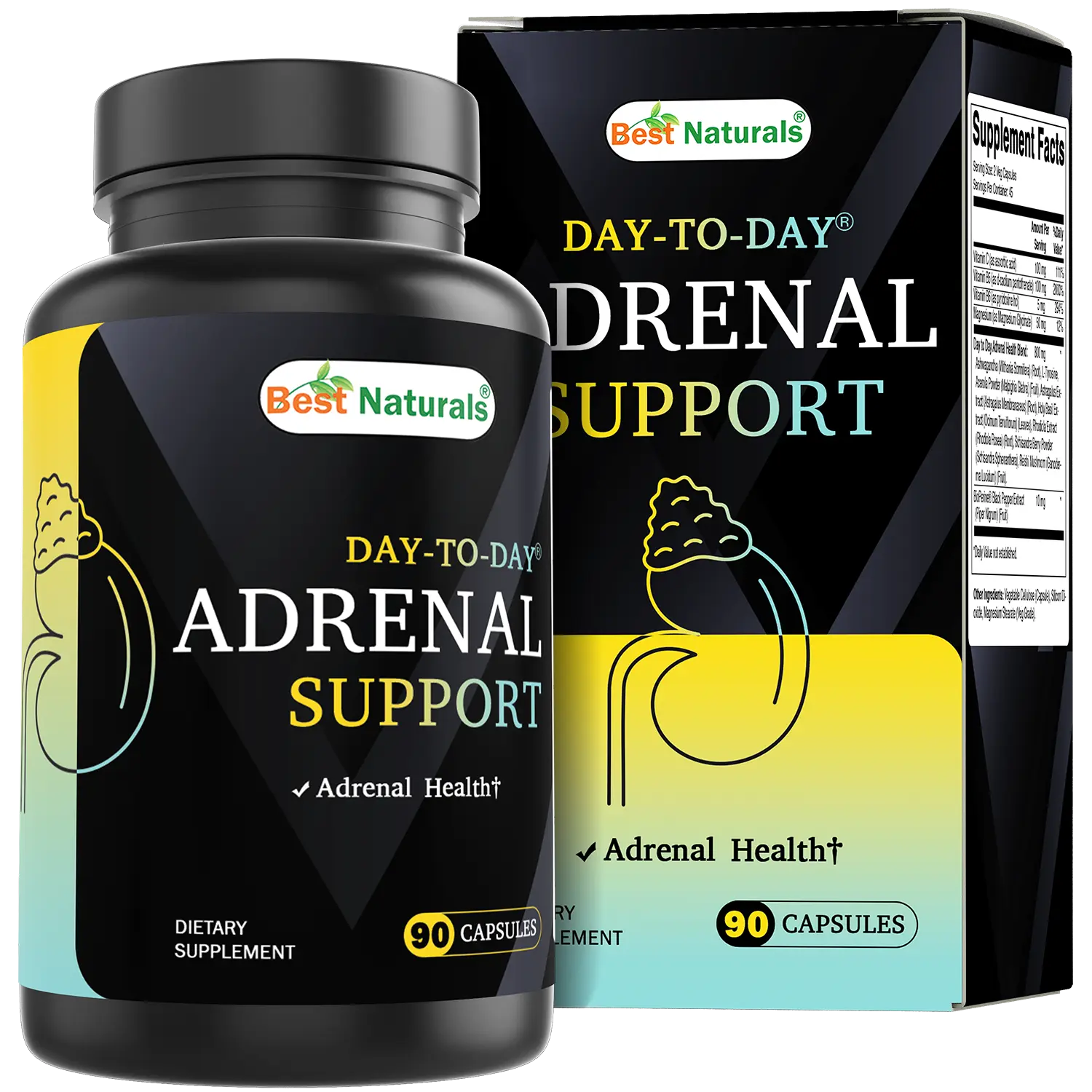 Best Naturals Day-to-Day Adrenal Support Supplements - 90 Veg Capsules - Made with Ashwagandha, L-Tyrosine, Magnesium, Rhodiola & Holy Basil & Bioperine