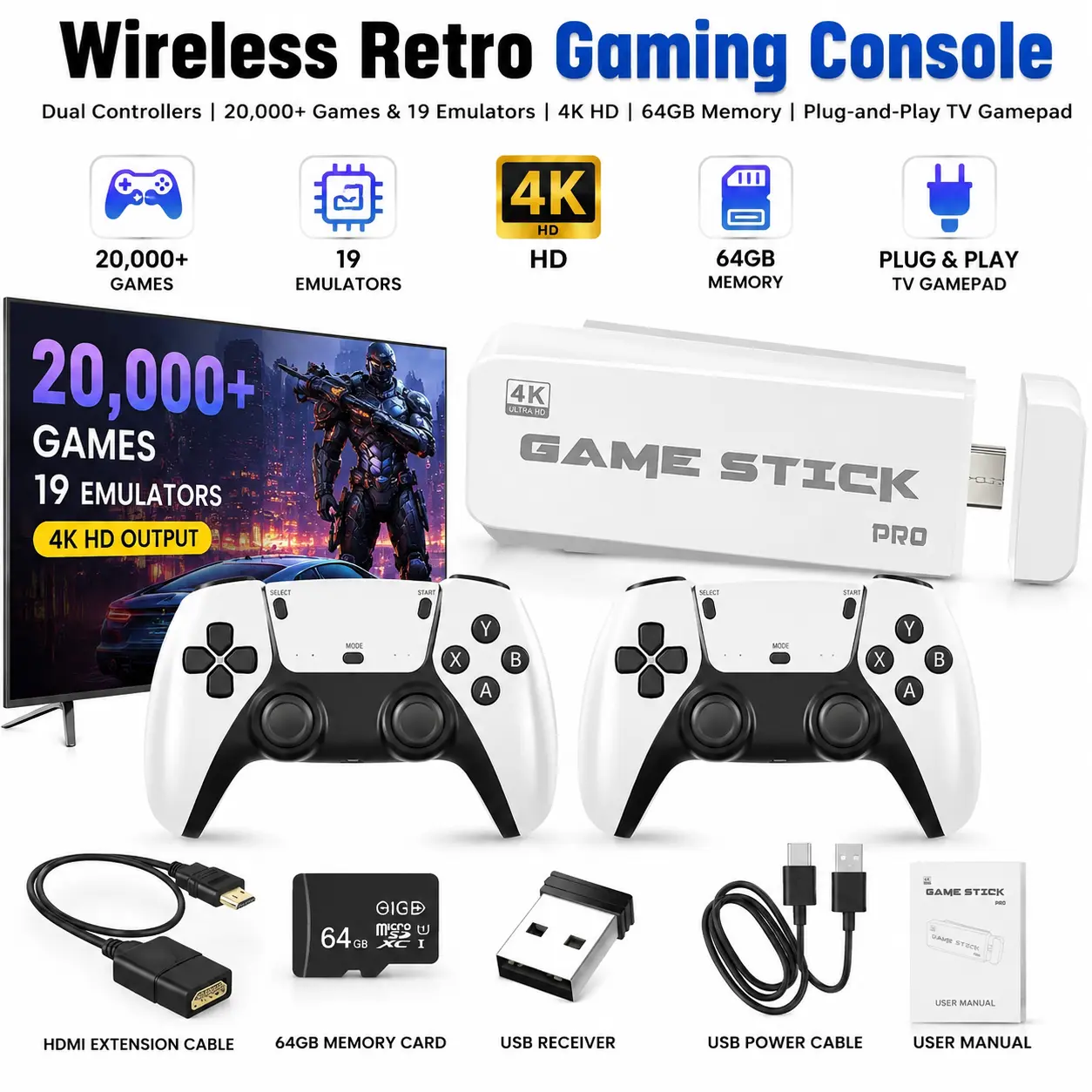 Wireless Retro Gaming Console, Dual Controllers, 20,000+ Built-In Games, 19 Emulators, 4K HDTV Output, 64GB Memory, Plug-and-Play TV Gamepad, HDMI Game Stick for Classic VideoGames