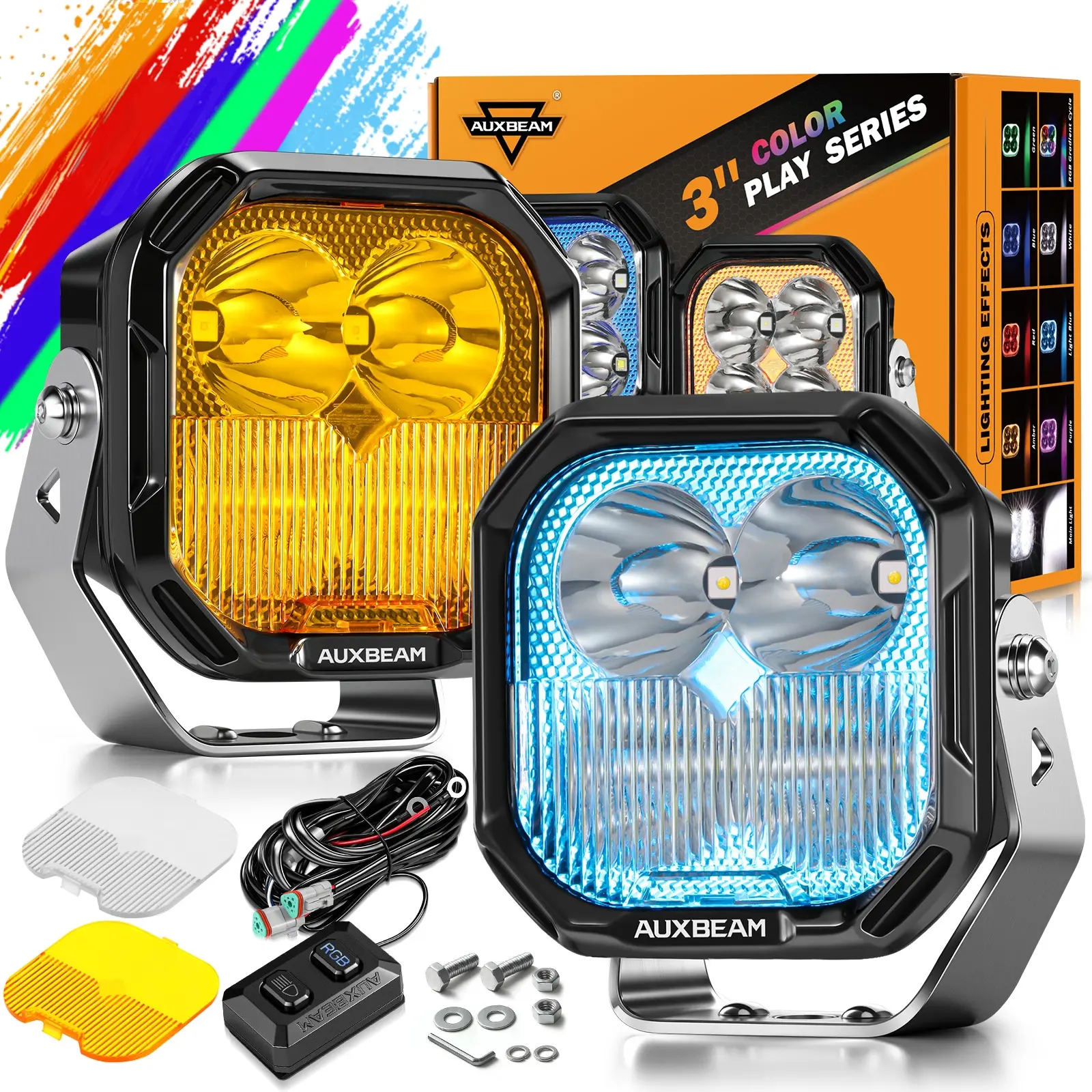 AUXBEAM 3-Inch RGBW Color Play Series LED Pods - 7 Dynamic Gradient Cycle Backlight, 116W Spot-Flood Combo, 12000lm, Steel Screw Mount, White Amber Covers, Plug-and-Play, Light Blue, Offroad Bars & Work Lights, Truck Accessories, Father's Day Gift