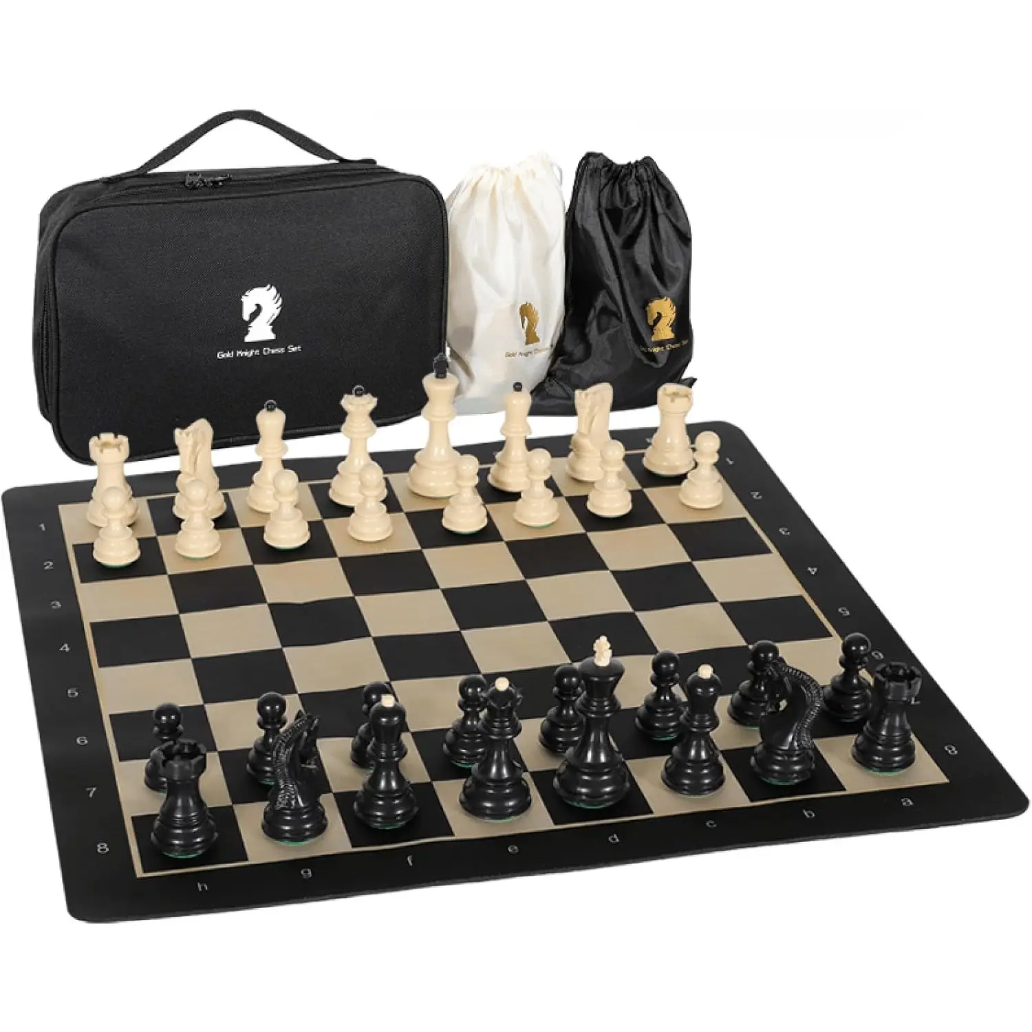 20-Inch Portable Folding Chessboard Travel Chess Set - Weighted Plastic Pieces, Double Queens, Carrying Bag - Family Night Board Game for Adults, Camping Use
