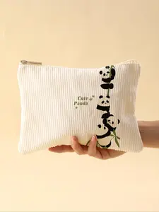 Panda Pattern Corduroy Makeup Bag, Lightweight Zipper Makeup Organizer, Multifunctional Cosmetic Storage Bag for Toiletries and Accessories