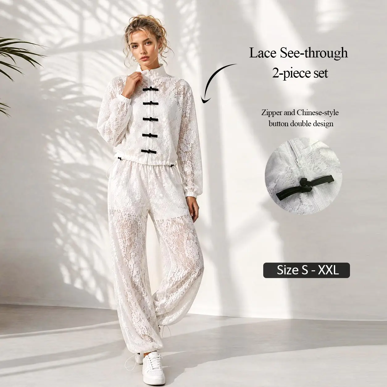Women’s White Lace 2-Piece Set - Y2K Chinese-Inspired Sheer Long-Sleeve Hollow-Out Floral Top & Adjustable Wide-Leg Pants Aesthetic Suit