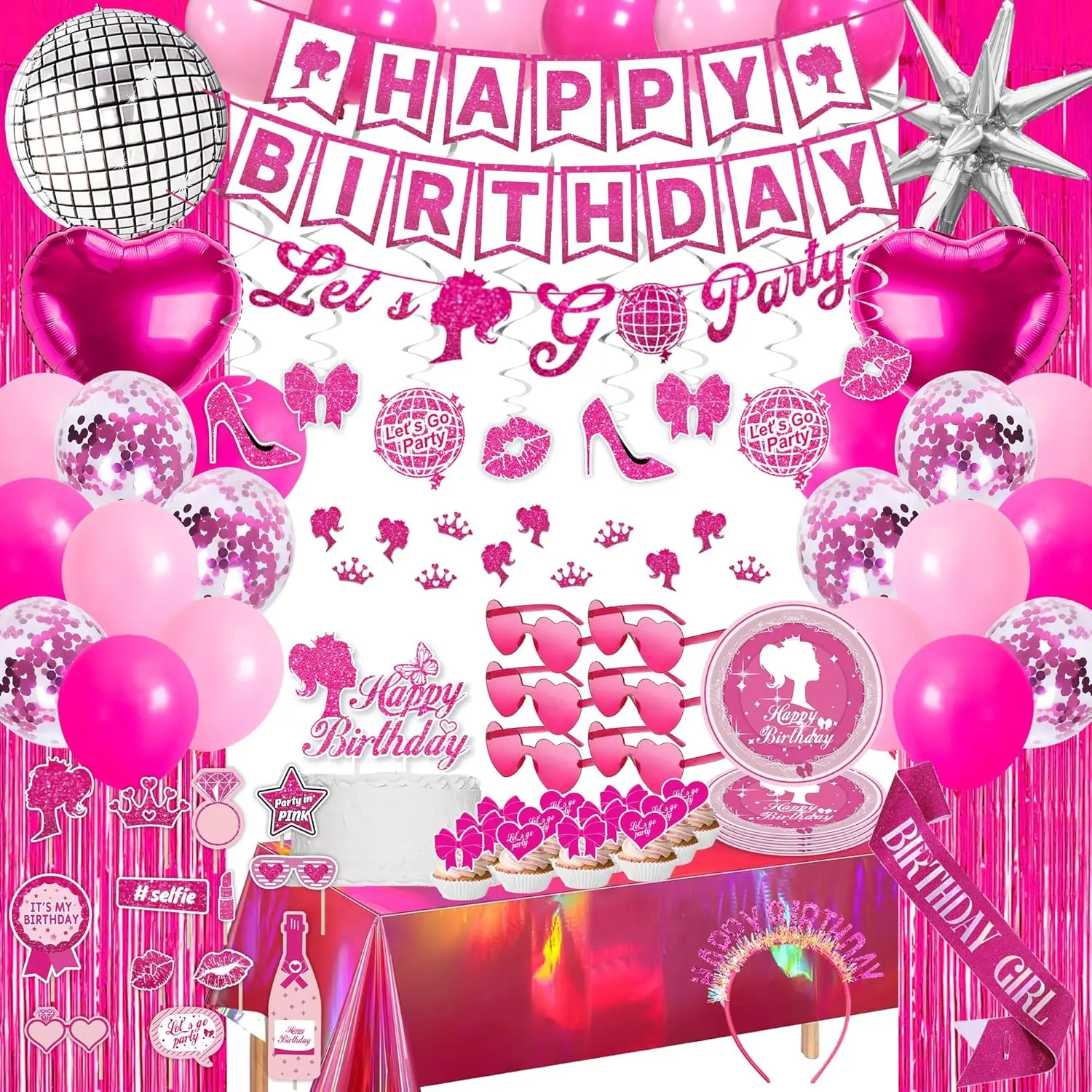 99PCS Hot Pink Adult Happy Birthday Decorating Kit - Glitter Banner, Swirly Hanging Swirls, Backdrop, Foil Balloons, Tableware Set, Tiara, Sash, Sunglasses for 18-21st Celebrations & Gifts