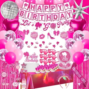 99PCS Hot Pink Birthday decorations Party Supplies, Glitter Happy Birthday Banners, Hanging Swirls, Backdrops, Foil Balloons, Tableware Set, Tiara, Sash, Sunglasses for 18th 21st Women girls