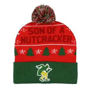Elf The Movie Beanie Ugly Sweater Adult Knit Embroidered Cuffed Beanie Hat with Pom
