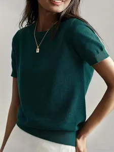 Women's Casual Basic Loose-Fitting Knit Sweater, Round Neck Short Sleeve Pullover, Spring & Fall Fashion, Plain Color, Solid, Comfortable Innerwear Top