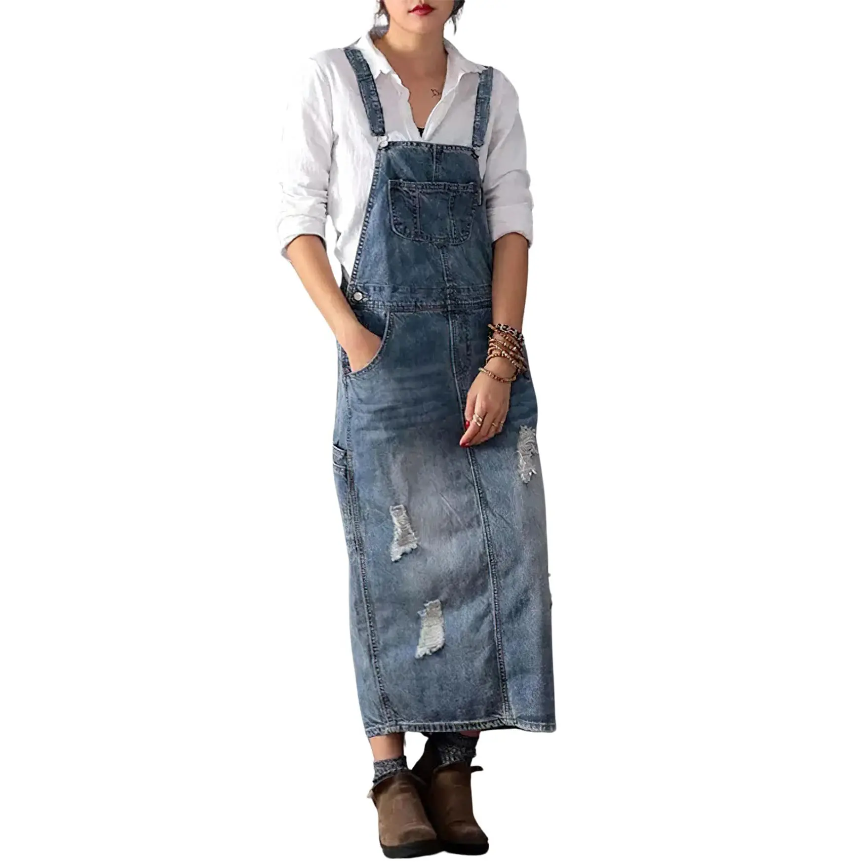 Chouyatou Women's Adjustable Strap Distressed Denim A-Line Pinafore Dress with Split, Tank Top-Blouse Hybrid, Long Sleeve Option, Functional Pocket