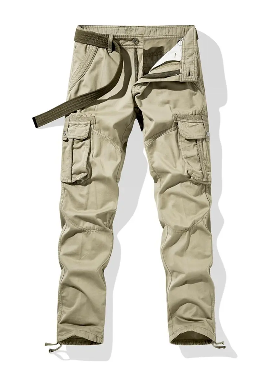 Men's Plain Twill Cargo Pants with Belt, Relaxed Straight Leg Trousers for Hiking / Light Outdoor with Hidden Front Slash Pockets, Rear Pockets, Drawstring Hems, Multi-Pockets