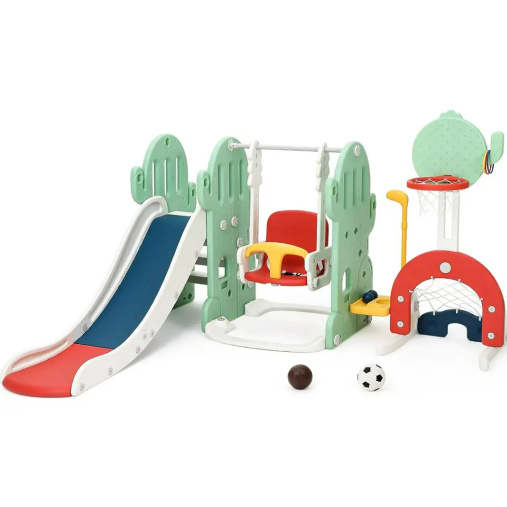 【GARVEE】7-in-1 Toddler Indoor and Outdoor Playground Set with Slide, Adjustable Swing, Climbing Ladders, Basketball Hoop, Soccer, Golf, and Ring Toss - Durable HDPE Material, Suitable for Ages 1-3