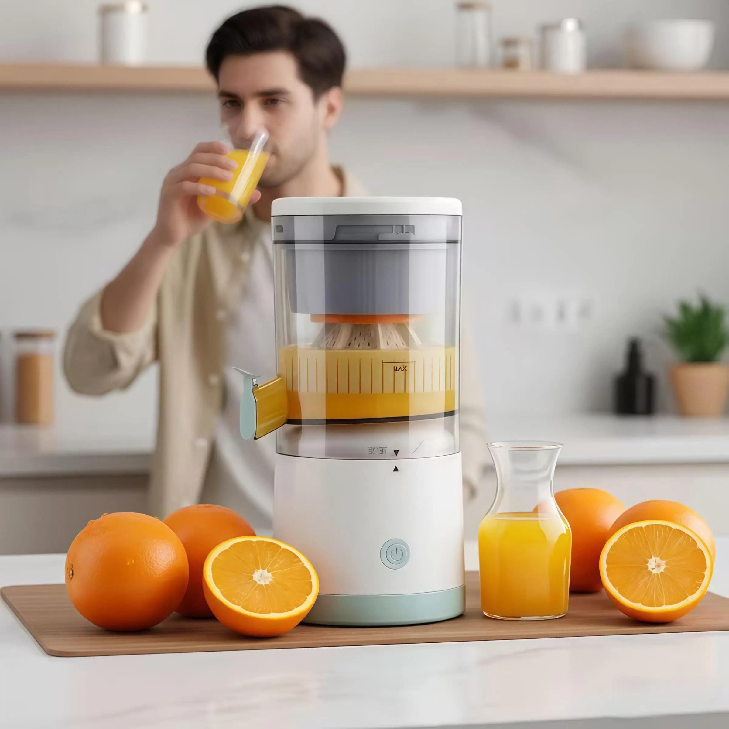 A portable, multi-functional citrus juicer set, Rechargeable Fruit Juicer, featuring a USB rechargeable lithium-ion battery, a food-grade ABS cup, a round shape, no heating element, and an operating voltage of ≤36V, Orange Juice Machine