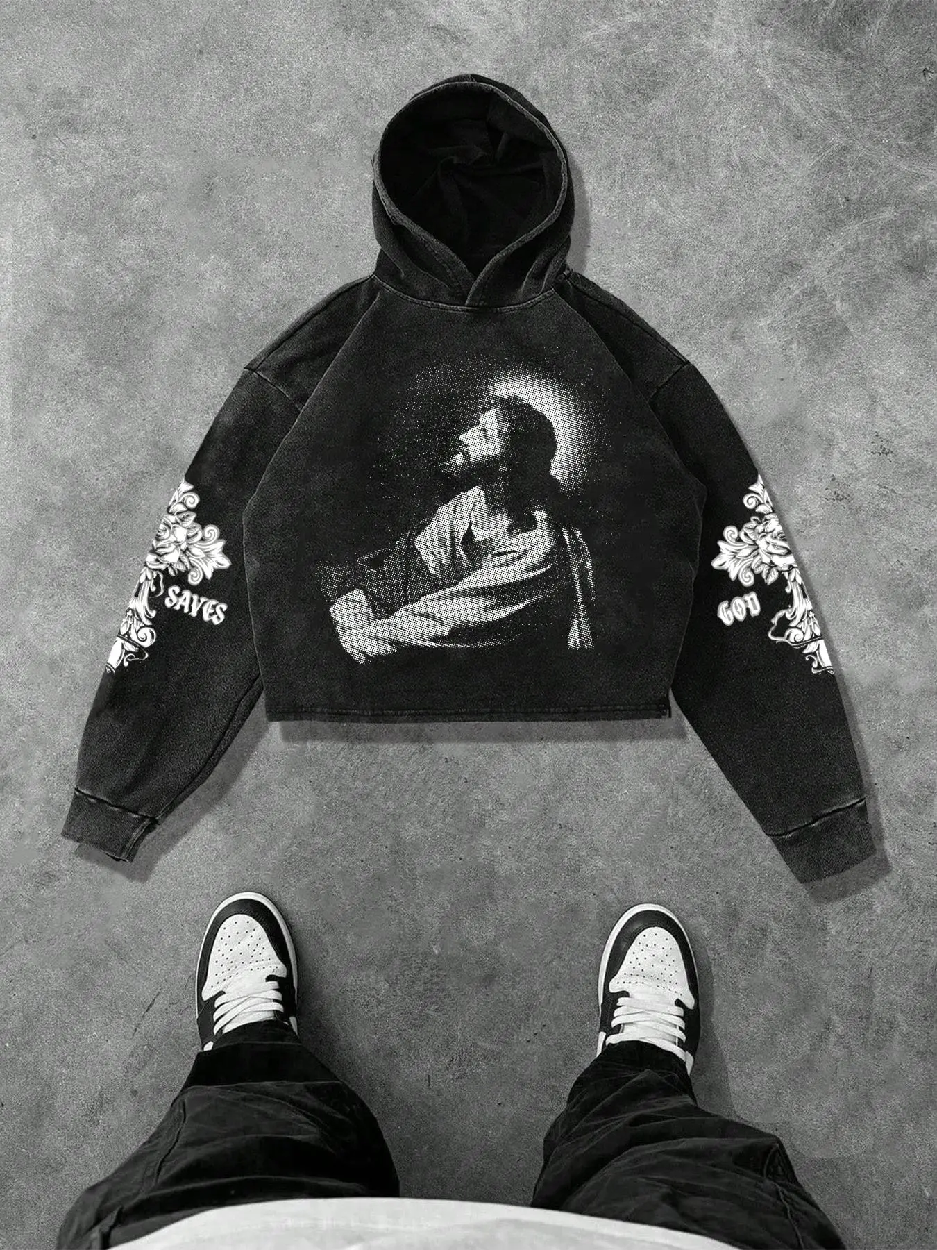 Unisex Men's Jesus Print Faith Hoodie, Casual Aesthetic Regular Fit Letter Graphic Knit Cropped Hooded Sweatshirt for Daily Wear, Men's Clothes for Fall & Winter, Tops, Cotton, Cropped Fit Sweatshirts
