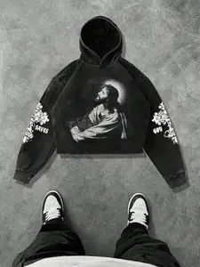 Unisex Men's Jesus Print Cropped Hoodie, Casual Regular Fit Letter Graphic Hooded Sweatshirt for Daily Wear, Men's Clothes for Fall & Winter, Tops, Cotton