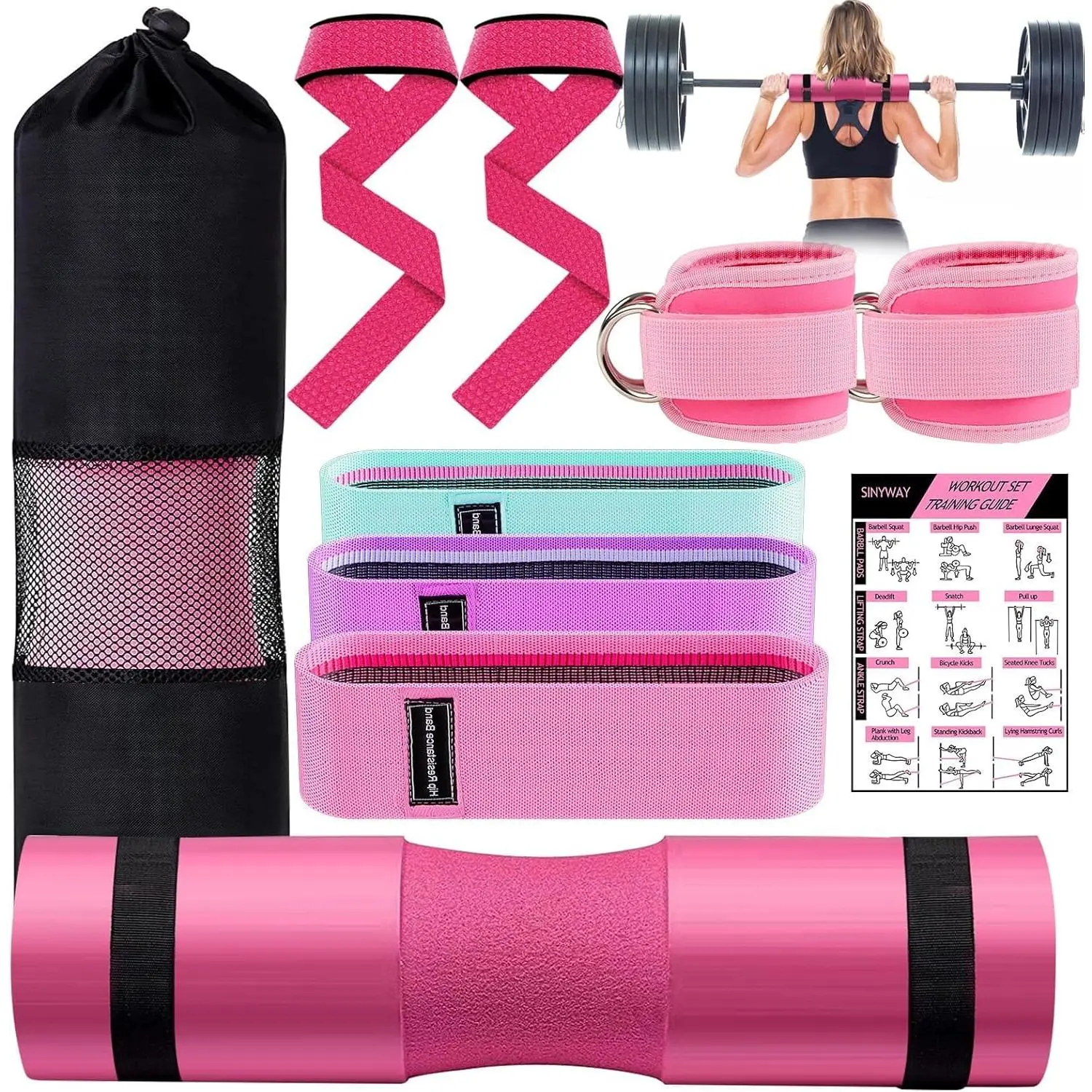 Barbell Pad Set for Squat,10 PCS Hip Thrusts Workout Foam Weight Lifting Bar Cushion with 2 Gym Ankle Straps,3 Hip Resistance Bands,2 Lifting Strap,Barbell Pad and Carry Bag