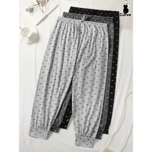 Plus size women's full bow printed front elastic waist sleepwear, loose and comfortable breathable jogging pants, suitable for daily home wear, all season women's sleepwear, home wearRAIMENTRY
