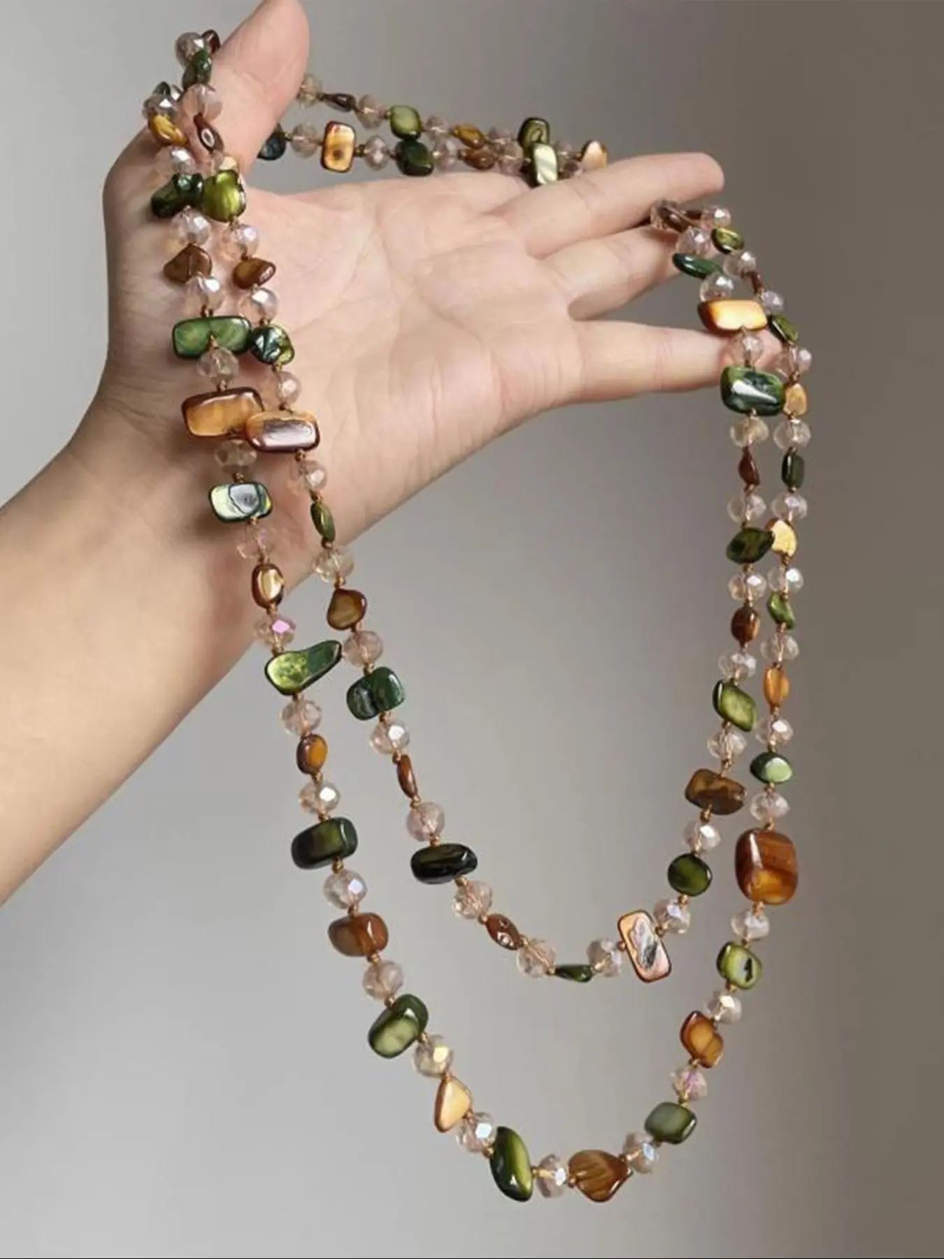 Boho Style Natural Shell Crystal Layered Fashion Accessory Necklace, Long Dual-Layer Beach Jewelry, Perfect for Parties, Vacations, Gifts, Daily Wear, Beaded Necklace