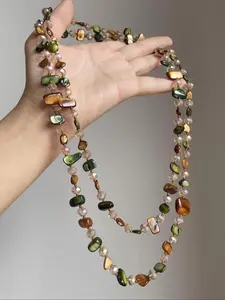 Boho Style Natural Shell Crystal Layered Necklace, Long Dual-Layer Beach Jewelry, Perfect for Parties, Vacations, Gifts, Daily Wear, Beaded Necklace